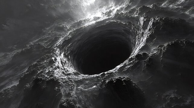 Deep chasm extending into a dark void, creating an abstract and mysterious monochrome landscape with surreal textures, representing fear, hopelessness, and the unknown