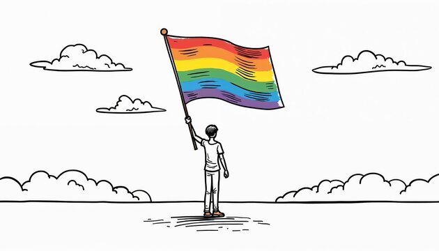 Person holds rainbow flag. LGBT activist shows pride on parade. Cartoon drawing of gender equality protest demonstration. Tolerance for gays, lesbians in community. Love wins. Illustration of human