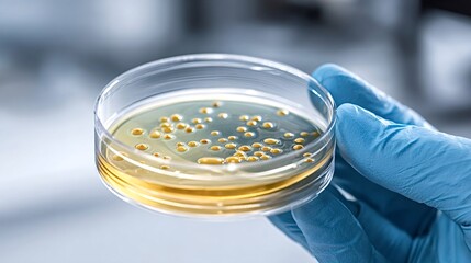 Scientist wearing blue protective glove holding a petri dish with agar media, showing growing bacteria colonies for microbiology research in a science laboratory