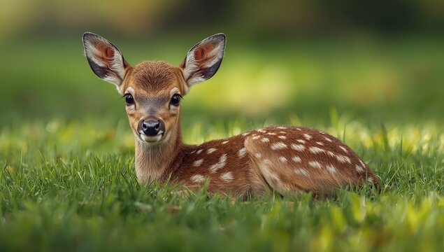 Close-up photograph of a young fawn lying peacefully in lush green grass