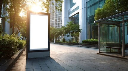 Empty outdoor advertising light box standing on sidewalk next to a modern glass bus shelter and office buildings, offering copy space for effective marketing campaigns in an urban setting