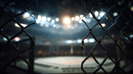 Broken chain link fence in the foreground presenting an empty illuminated fighting octagon arena, emphasizing preparation, challenge, and the anticipation of a combat sports event