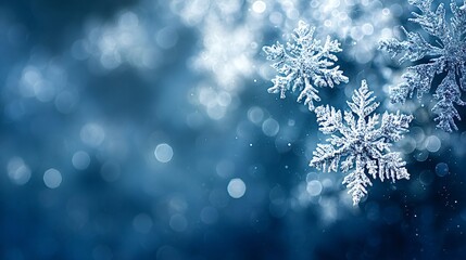 Ornate glittering snowflakes creating a beautiful winter pattern, falling against an abstract blue background with soft bokeh lights and sparkling particles, perfect for holiday and seasonal themes