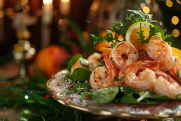 Gourmet shrimp salad with lemon garnish