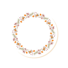 Flat xmas wreath sticker with berry decor and pine branch in red and kraft. Circle patch for holiday gift or box, creative round decor concept, modern festive background present theme.