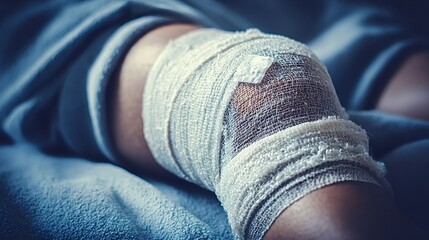 Patient knee wrapped in white medical bandage after injury, focused close up conveying treatment, first aid, rehabilitation and recovery in a clinical care setting