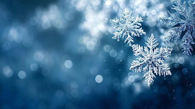 Ornate glittering snowflakes creating a beautiful winter pattern, falling against an abstract blue background with soft bokeh lights and sparkling particles, perfect for holiday and seasonal themes
