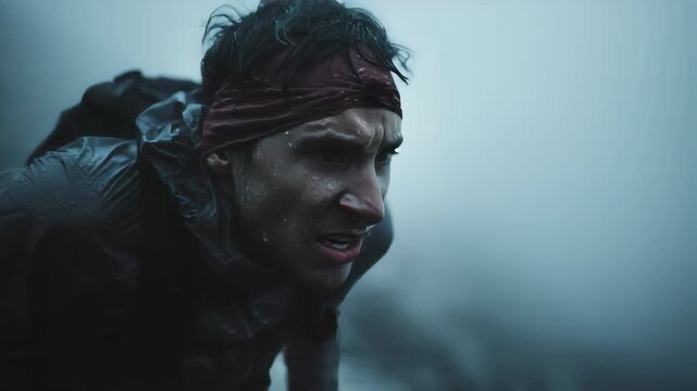 male runner pushing through exhaustion on a foggy mountain trail, their face glowing with determination, evoking resilience and triumph