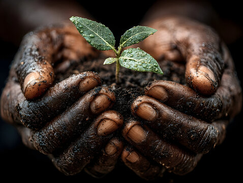 Farmer's hands cradling a delicate plant amidst falling rain, representing growth, nurturing nature, and the vital importance of environmental conservation and sustainability - Powered by Adobe