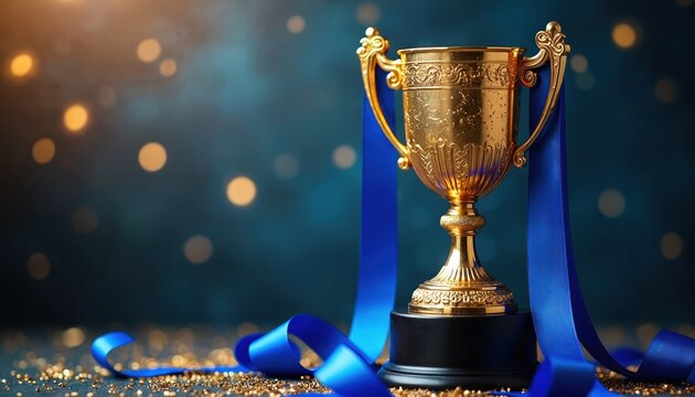 Golden trophy with blue ribbons sits on dark surface with bokeh lights. Symbolizes victory, achievement, and elite success for champions. Elite award.