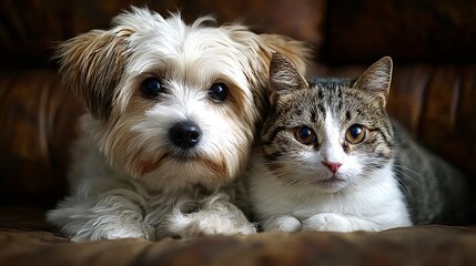 Fluffy small puppy and a cute tabby cat relaxing together on a brown couch or bed, showing interspecies friendship and loyal companionship between pets