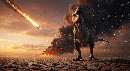A Tyrannosaurus rex stands on a cracked Earth. A fiery asteroid streaks across the sky towards the Earth, close to smoke. During daytime, the Cretaceous period nears its end