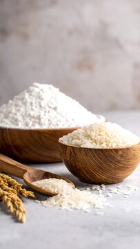 Two wooden bowls of flour and rice