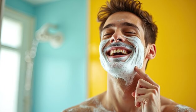 Smiling young man laughs eyes closed applying shaving foam to face. Prepares for fresh morning shave in bright, vivid bathroom. Guy enjoys daily grooming routine, personal care ritual. Happy mood