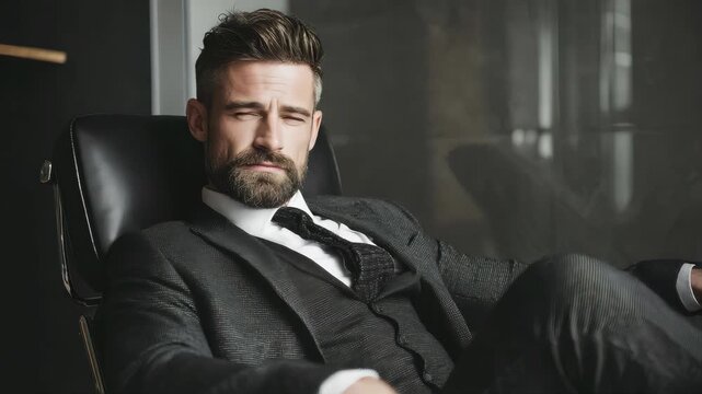male with well-groomed beard in charcoal grey formal suit and silk tie, reclining slightly in a sleek modern boss chair, premium office background