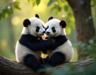 Obraz premium Two cute baby pandas hug each other. They sit on a branch in a forest. Adorable young animals show love. Black and white bears are funny, lovely and fluffy.