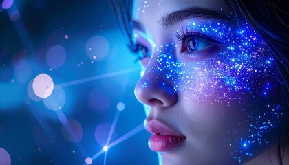Close-up of a face illuminated with blue and purple light, featuring glowing dots and digital patterns. Futuristic concept ideal for technology, virtual reality, and artistic innovation themes.