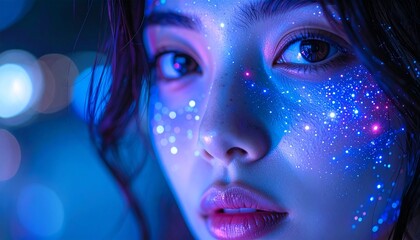 Close-up of a face illuminated with blue and purple light, featuring glowing dots and digital patterns. Futuristic concept ideal for technology, virtual reality, and artistic innovation themes.
