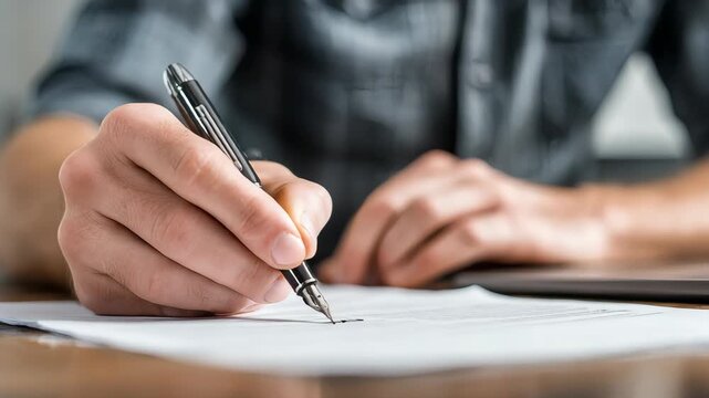 Man holding a pen in his left hand with paper underneath