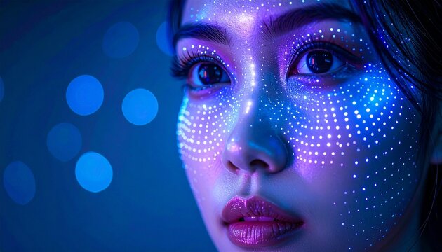 Close-up of a face illuminated with blue and purple light, featuring glowing dots and digital patterns. Futuristic concept ideal for technology, virtual reality, and artistic innovation themes.