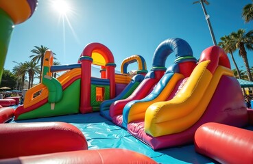 Children joyfully play on giant inflatable slides and bouncy castles. Colorful playground set up for outdoor summer fun. Kids enjoy active recreation at street festival.