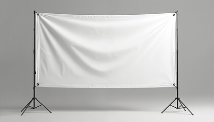 Blank white vinyl banner on tripod stands. Empty canvas for graphics or text. Fabric display frame for event promotion or advertising indoors and outdoors.