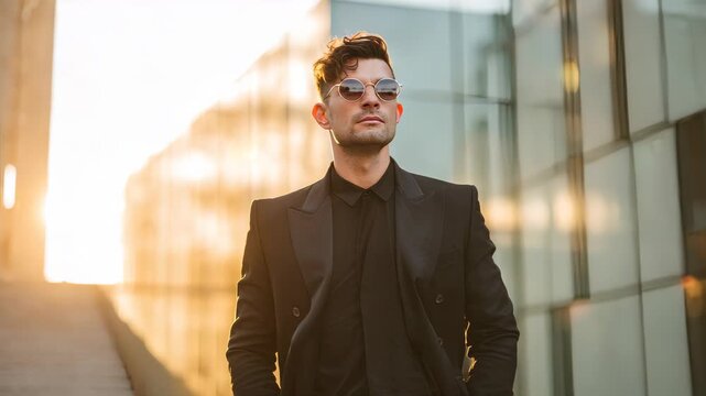 man in a stylish black suit, standing confidently in front of a modem urban background, soft golden hour lighting. magazine fashion style
