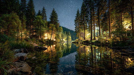 Forest lake under starry night sky