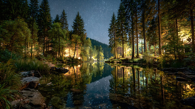 Forest lake under starry night sky