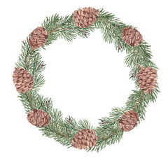 Watercolor fir, pine branches and cones wreath, circle frame. Hand drawn watercolor illustration of winter plant. Perfect for Christmas or New Year design, winter decoration, invitations, cards, and