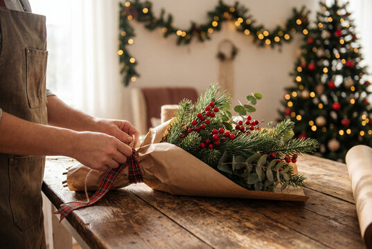 Florist Wrapping Rustic Christmas Bouquet: Hands Tying Ribbon on Pine, Red Berries, Eucalyptus in Cozy Holiday Studio