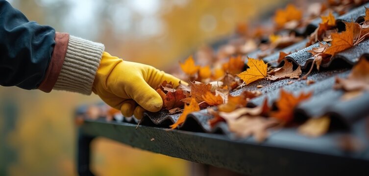 Person with yellow glove clears wet autumn leaves from roof gutter. Seasonal house upkeep prevents blockages. Fall cleanup for rain drainage.