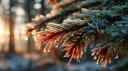 Frosty pine needles in winter light