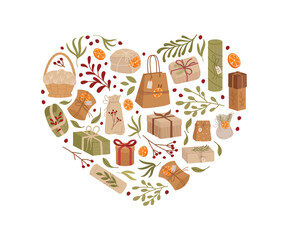 Vintage kraft heart gift box in flat style. Nature present with green berry and holiday craft, perfect for graphic or print usage in eco festive concepts.