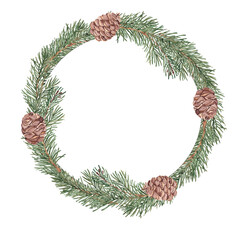 Watercolor fir, pine branches and cones wreath, circle frame. Hand drawn watercolor illustration of winter plants. Perfect for Christmas or New Year designs, winter decoration, invitations, cards and