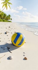 Obraz premium Vibrant volleyball resting on a pristine sandy tropical beach with clear blue ocean waves and lush palm trees.