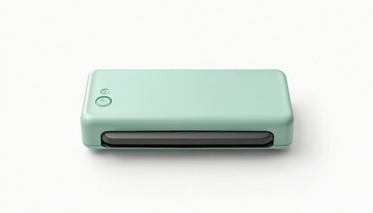 Pastel green vacuum sealer on white background. Eco-friendly packaging device with black handle. Modern kitchen appliance with sleek Scandinavian design. Compact, lightweight household item. Simple,