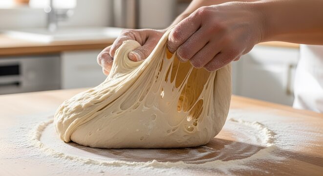 Close-up of hands kneading and stretching fresh bread dough on a wooden kitchen counter.