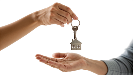 Hand Giving House Keychain to Open Palm on White Background for Real Estate and Ownership Concept Transparent PNG