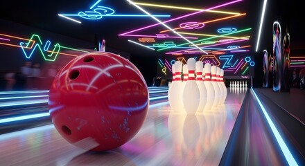 Red bowling ball speeding towards white pins in a vibrant, neon-lit alley, ready for a strike.