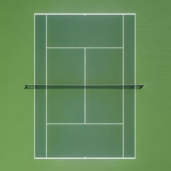Aerial view of an empty green tennis court with a net, showcasing the geometric lines of the playing field.