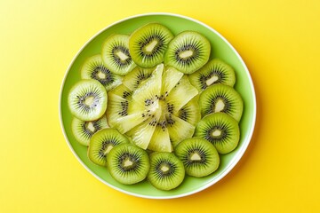 Fresh kiwi slices on vibrant yellow background