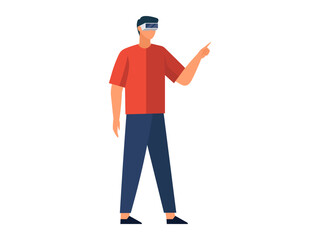 Virtual reality, user experience, digital gaming, innovation, technology, augmented reality. A man wearing a VR headset pointing forward. Virtual reality and user experience concept
