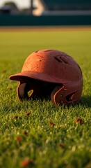A wet orange baseball helmet rests on vibrant green grass on a sunny field.