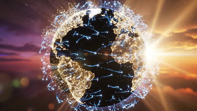 A magnificent Earth is illuminated by radiant blue lines representing energy flow, while brilliant golden lights twinkle across the continents after dusk. The vibrant connection fo