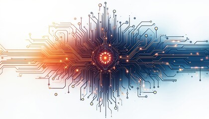 Abstract digital circuit board with glowing lines, central processor. Futuristic tech network connects data streams. Blue, orange gradients create energetic feel. Innovation, global connection, smart