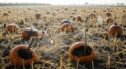 Morning dew highlights delicate spiderwebs stretched between decaying pumpkins in an expansive autumn field.