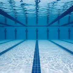 Underwater view of an empty swimming pool with clear blue water and lane lines.