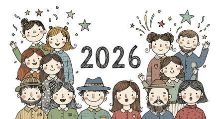 A joyful and diverse community of cartoon people celebrating the year 2026, looking forward to future opportunities, togetherness, and new beginnings