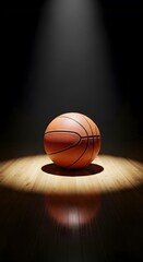 Basketball on a spotlighted wooden court, ready for the game.